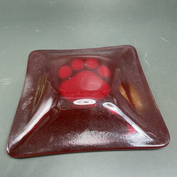 Hand Made Red Fused Art Glass Square Trinket Dish Plate White Dog Paw Vintage - Picture 12 of 13